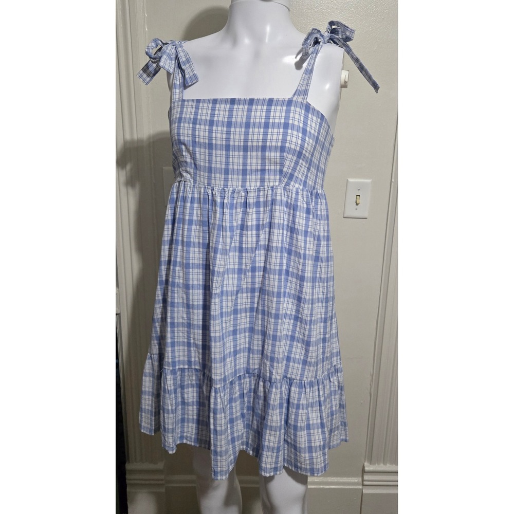 Petal & Pup Blue White Plaid Tie Shoulder Babydoll Mini Dress Plus Size Pockets